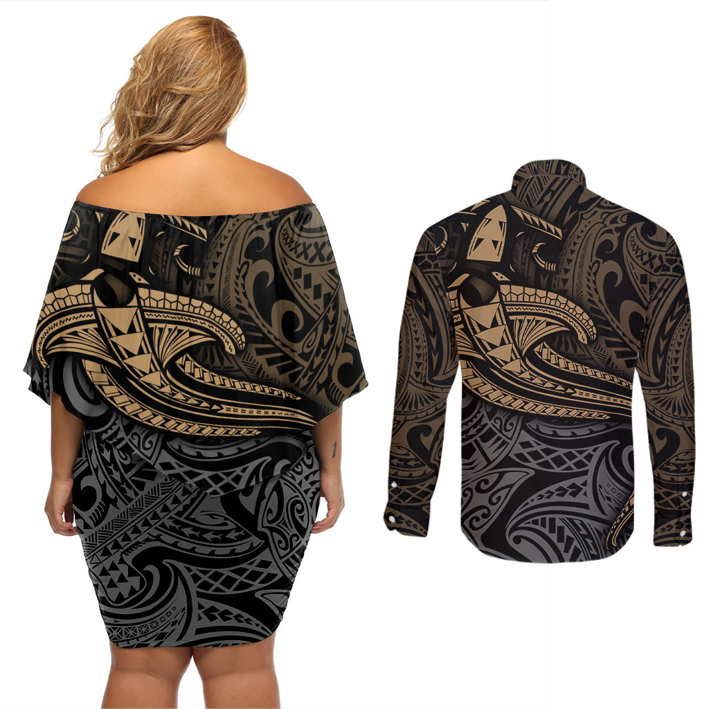 Polynesian Couples Matching Off Shoulder Short Dress and Long Sleeve Button Shirts Hammerhead Shark Tribal Pattern TS04 - Polynesian Pride