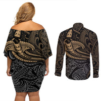 Polynesian Couples Matching Off Shoulder Short Dress and Long Sleeve Button Shirts Hammerhead Shark Tribal Pattern TS04 - Polynesian Pride