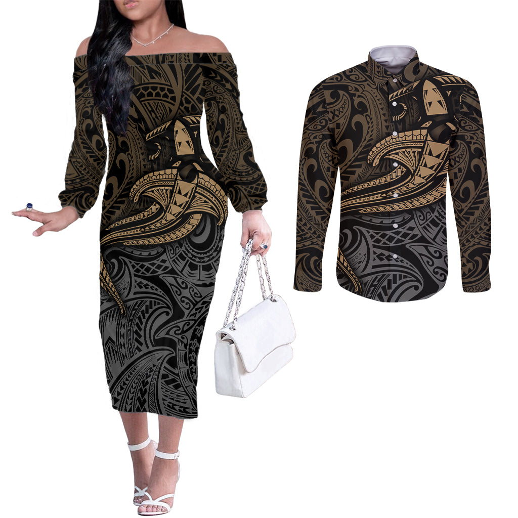 Polynesian Couples Matching Off The Shoulder Long Sleeve Dress and Long Sleeve Button Shirts Hammerhead Shark Tribal Pattern TS04 Black/Yellow - Polynesian Pride