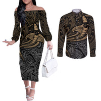 Polynesian Couples Matching Off The Shoulder Long Sleeve Dress and Long Sleeve Button Shirts Hammerhead Shark Tribal Pattern TS04 Black/Yellow - Polynesian Pride