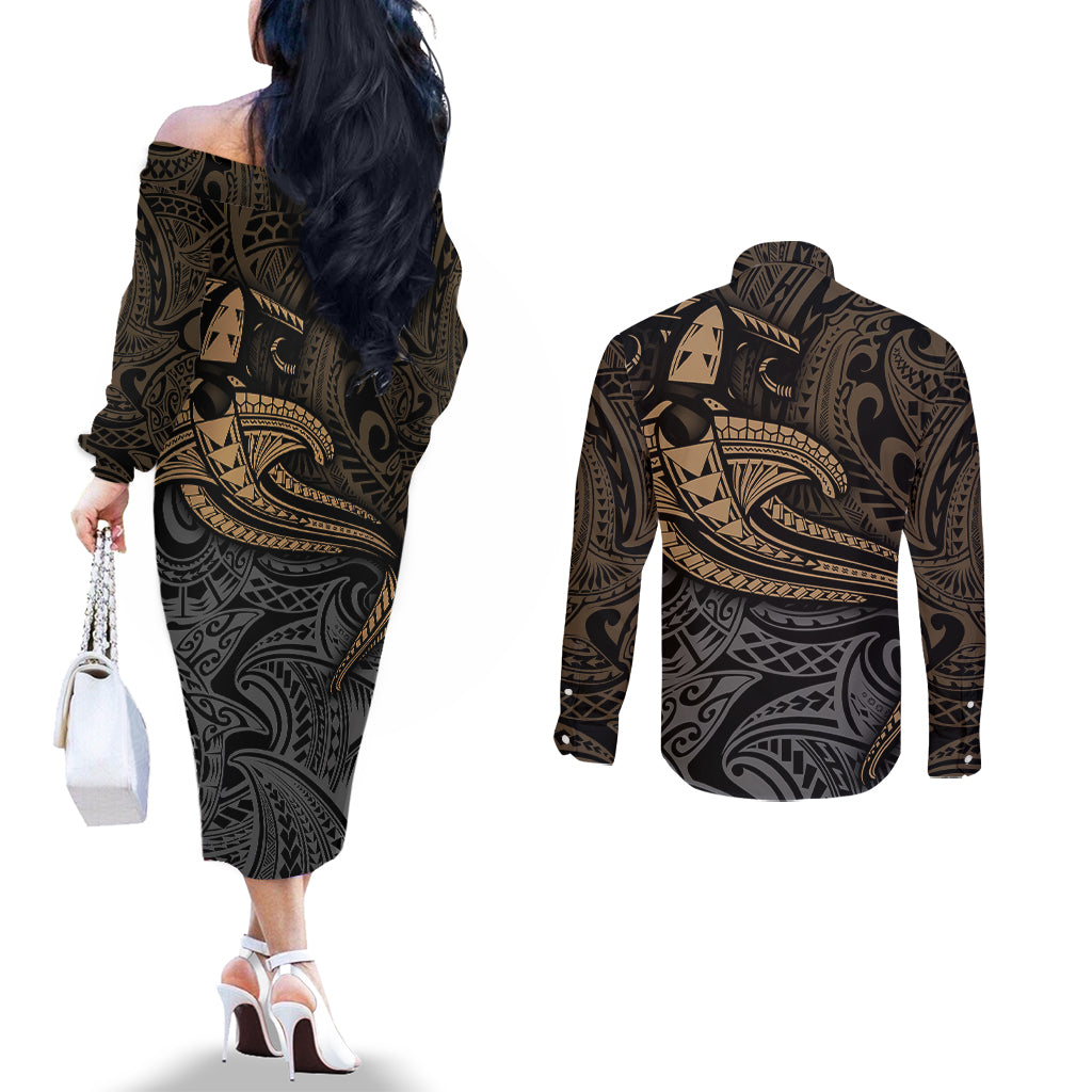 Polynesian Couples Matching Off The Shoulder Long Sleeve Dress and Long Sleeve Button Shirts Hammerhead Shark Tribal Pattern TS04 - Polynesian Pride
