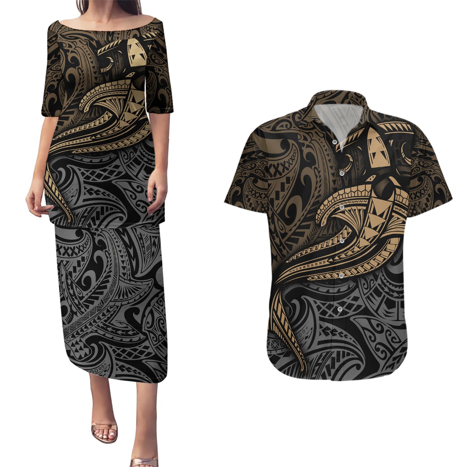 Polynesian Couples Matching Puletasi Dress and Hawaiian Shirt Hammerhead Shark Tribal Pattern TS04 Black/Yellow - Polynesian Pride
