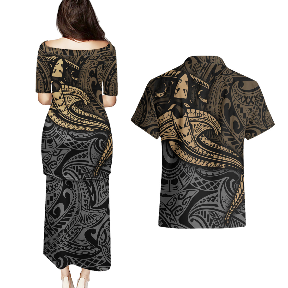 Polynesian Couples Matching Puletasi Dress and Hawaiian Shirt Hammerhead Shark Tribal Pattern TS04 - Polynesian Pride
