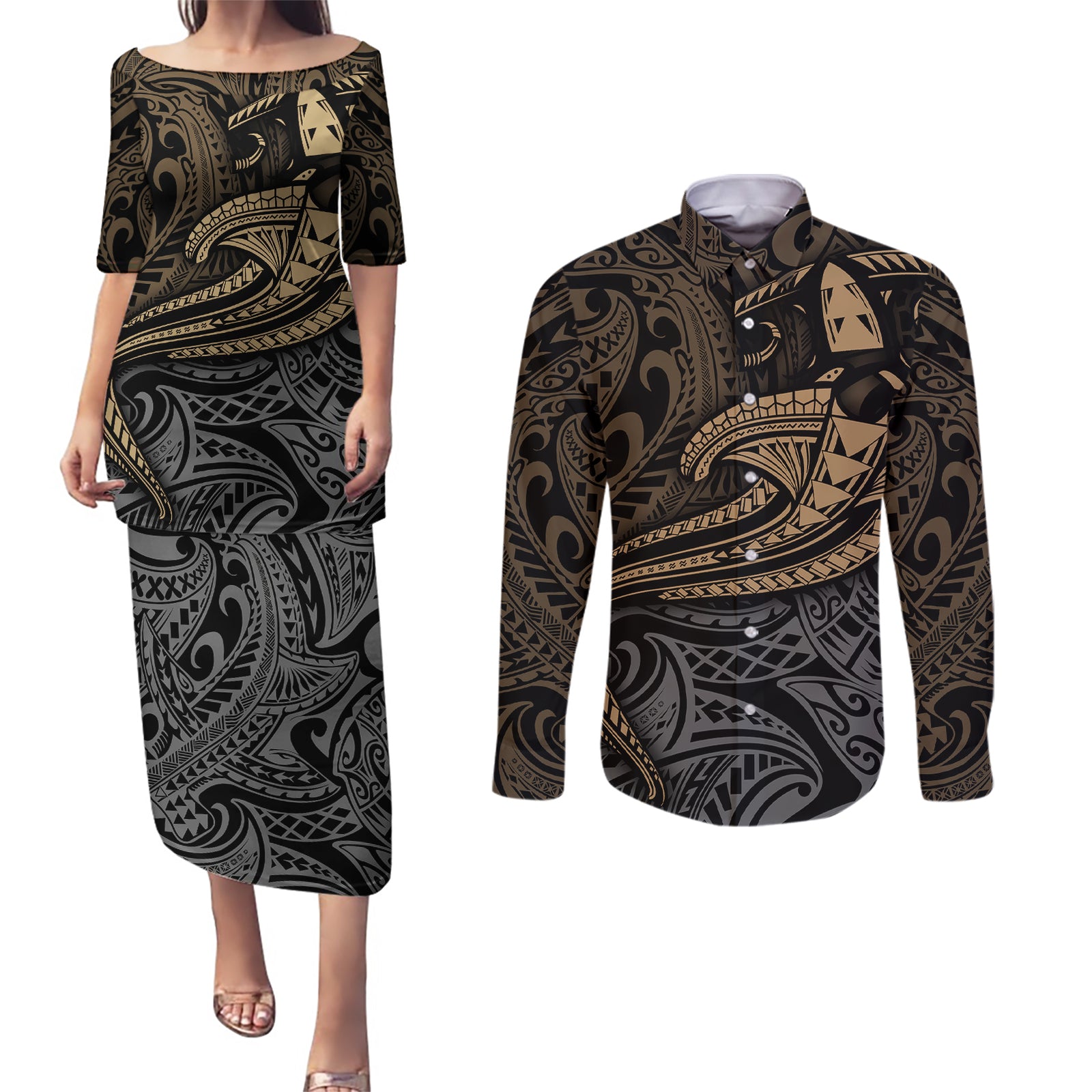 Polynesian Couples Matching Puletasi Dress and Long Sleeve Button Shirts Hammerhead Shark Tribal Pattern TS04 Black/Yellow - Polynesian Pride