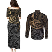 Polynesian Couples Matching Puletasi Dress and Long Sleeve Button Shirts Hammerhead Shark Tribal Pattern TS04 - Polynesian Pride