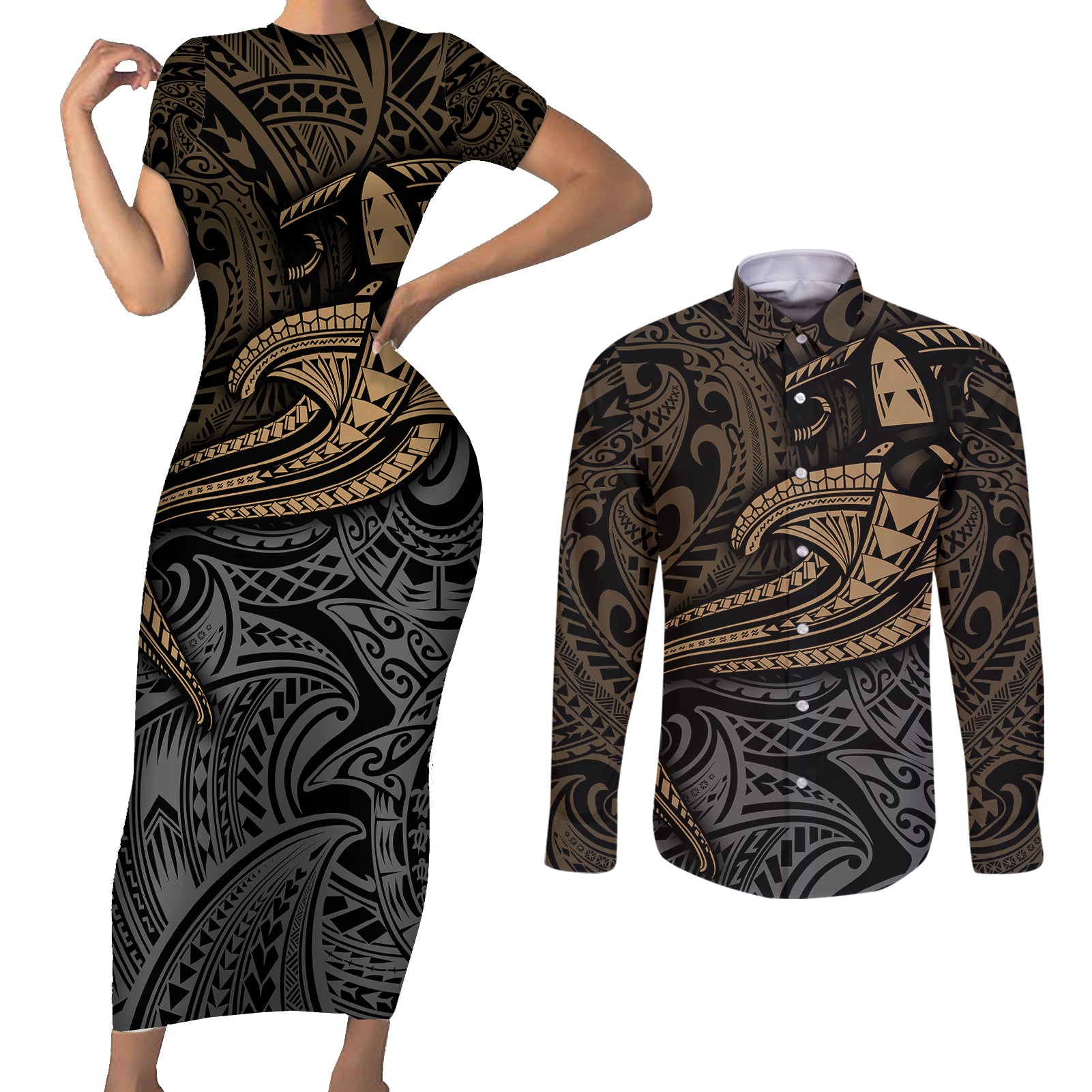 Polynesian Couples Matching Short Sleeve Bodycon Dress and Long Sleeve Button Shirts Hammerhead Shark Tribal Pattern TS04 Black/Yellow - Polynesian Pride