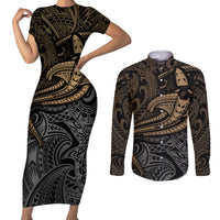 Polynesian Couples Matching Short Sleeve Bodycon Dress and Long Sleeve Button Shirts Hammerhead Shark Tribal Pattern TS04 Black/Yellow - Polynesian Pride