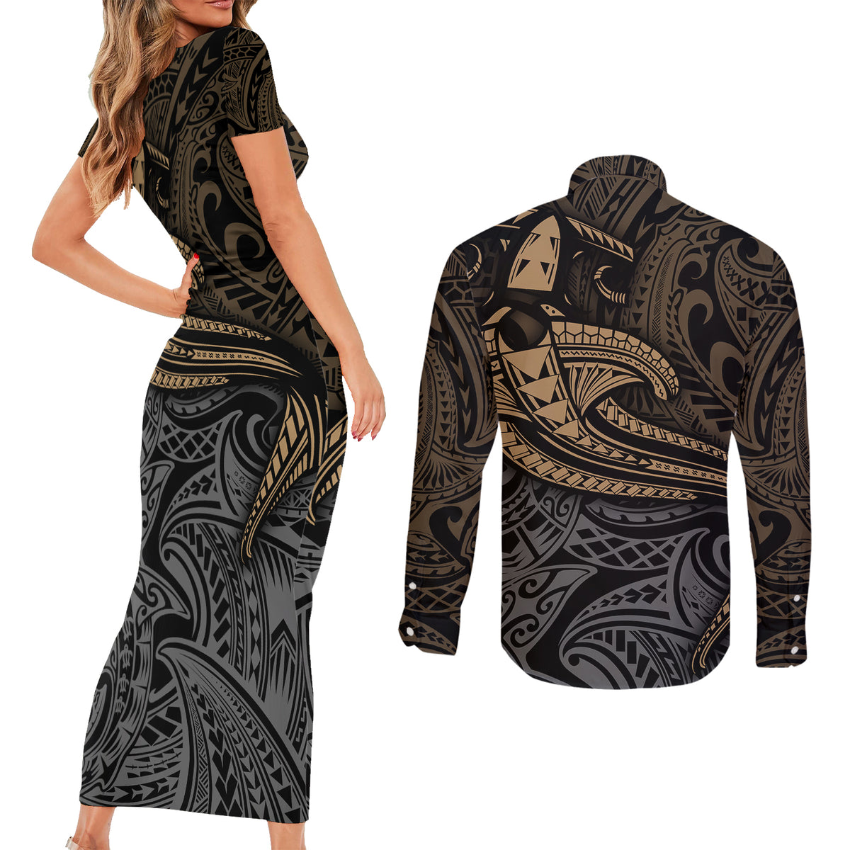 Polynesian Couples Matching Short Sleeve Bodycon Dress and Long Sleeve Button Shirts Hammerhead Shark Tribal Pattern TS04 - Polynesian Pride