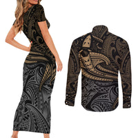 Polynesian Couples Matching Short Sleeve Bodycon Dress and Long Sleeve Button Shirts Hammerhead Shark Tribal Pattern TS04 - Polynesian Pride