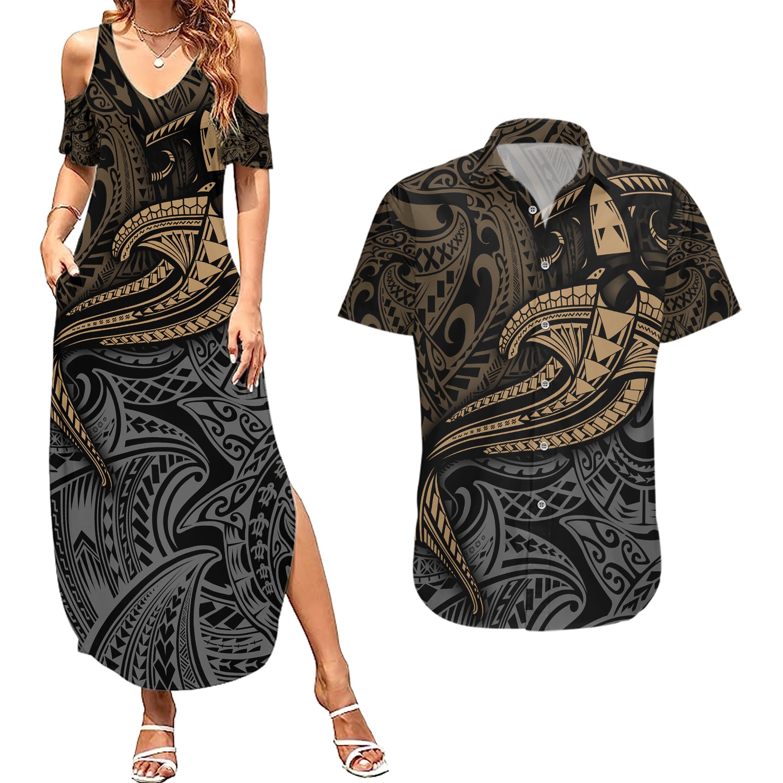 Polynesian Couples Matching Summer Maxi Dress and Hawaiian Shirt Hammerhead Shark Tribal Pattern TS04 Black/Yellow - Polynesian Pride