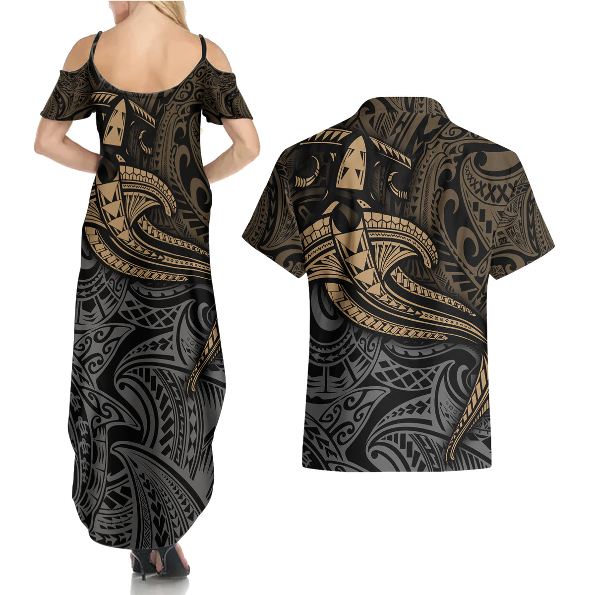 Polynesian Couples Matching Summer Maxi Dress and Hawaiian Shirt Hammerhead Shark Tribal Pattern TS04 - Polynesian Pride