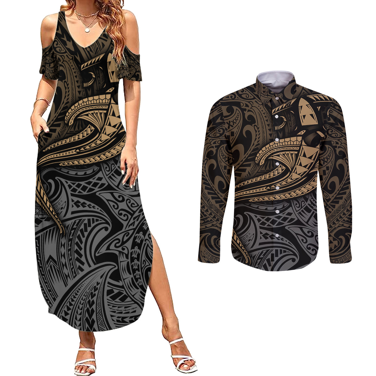 Polynesian Couples Matching Summer Maxi Dress and Long Sleeve Button Shirts Hammerhead Shark Tribal Pattern TS04 Black/Yellow - Polynesian Pride