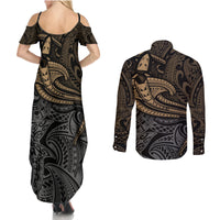 Polynesian Couples Matching Summer Maxi Dress and Long Sleeve Button Shirts Hammerhead Shark Tribal Pattern TS04 - Polynesian Pride