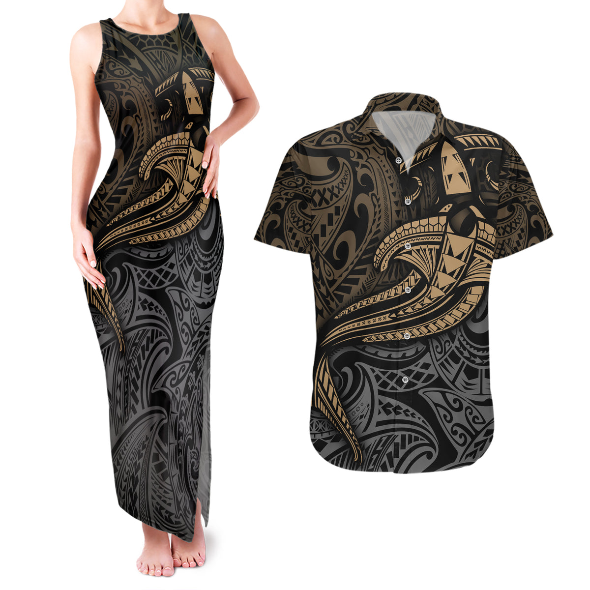 Polynesian Couples Matching Tank Maxi Dress and Hawaiian Shirt Hammerhead Shark Tribal Pattern TS04 Black/Yellow - Polynesian Pride