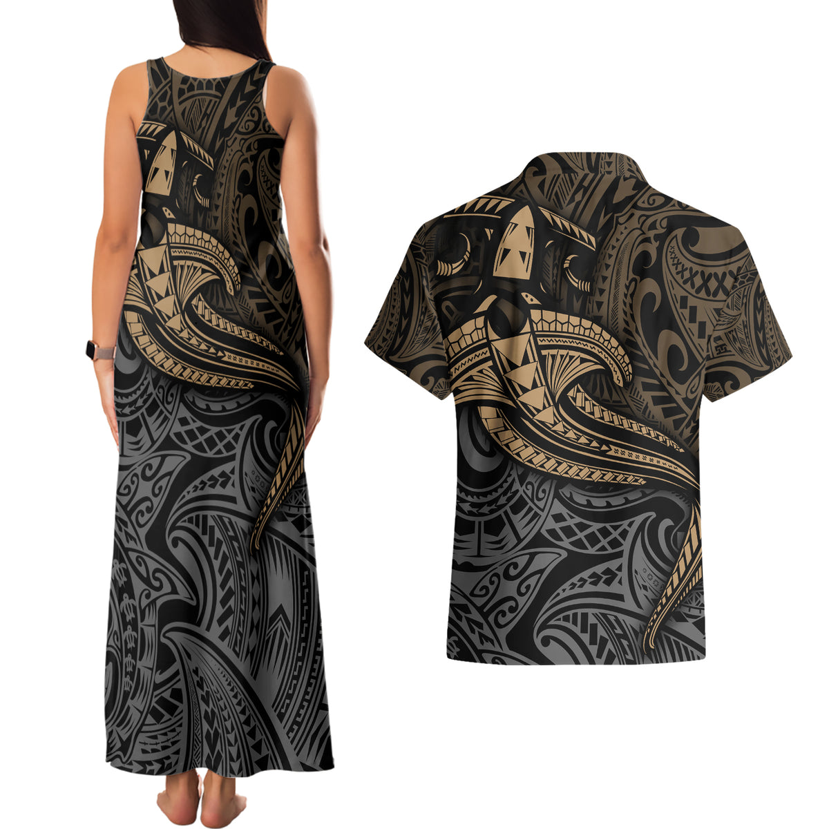 Polynesian Couples Matching Tank Maxi Dress and Hawaiian Shirt Hammerhead Shark Tribal Pattern TS04 - Polynesian Pride