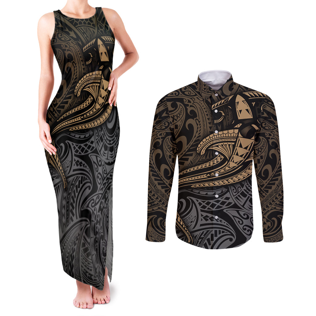 Polynesian Couples Matching Tank Maxi Dress and Long Sleeve Button Shirts Hammerhead Shark Tribal Pattern TS04 Black/Yellow - Polynesian Pride