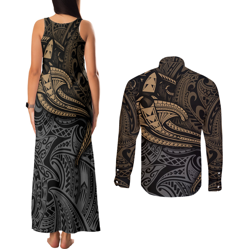 Polynesian Couples Matching Tank Maxi Dress and Long Sleeve Button Shirts Hammerhead Shark Tribal Pattern TS04 - Polynesian Pride