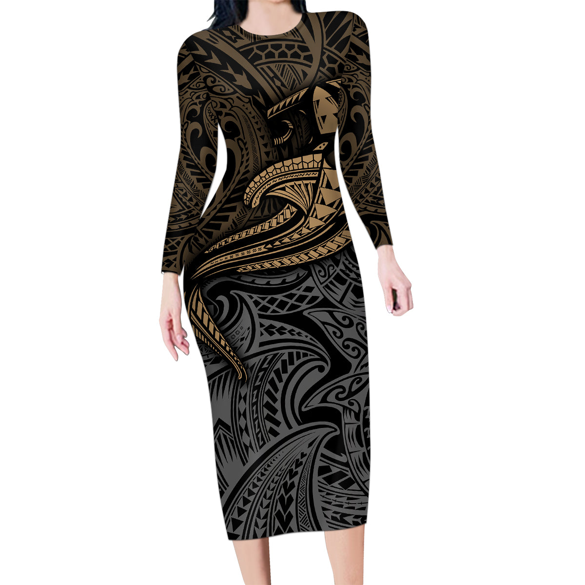 Polynesian Family Matching Long Sleeve Bodycon Dress and Hawaiian Shirt Hammerhead Shark Tribal Pattern TS04 Mom's Dress Black Yellow - Polynesian Pride