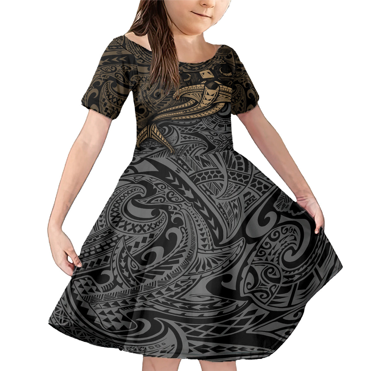 Polynesian Family Matching Mermaid Dress and Hawaiian Shirt Hammerhead Shark Tribal Pattern TS04 Daughter's Dress Black Yellow - Polynesian Pride