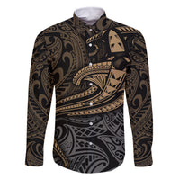 Polynesian Family Matching Off Shoulder Long Sleeve Dress and Hawaiian Shirt Hammerhead Shark Tribal Pattern TS04 Dad's Shirt - Long Sleeve Black Yellow - Polynesian Pride