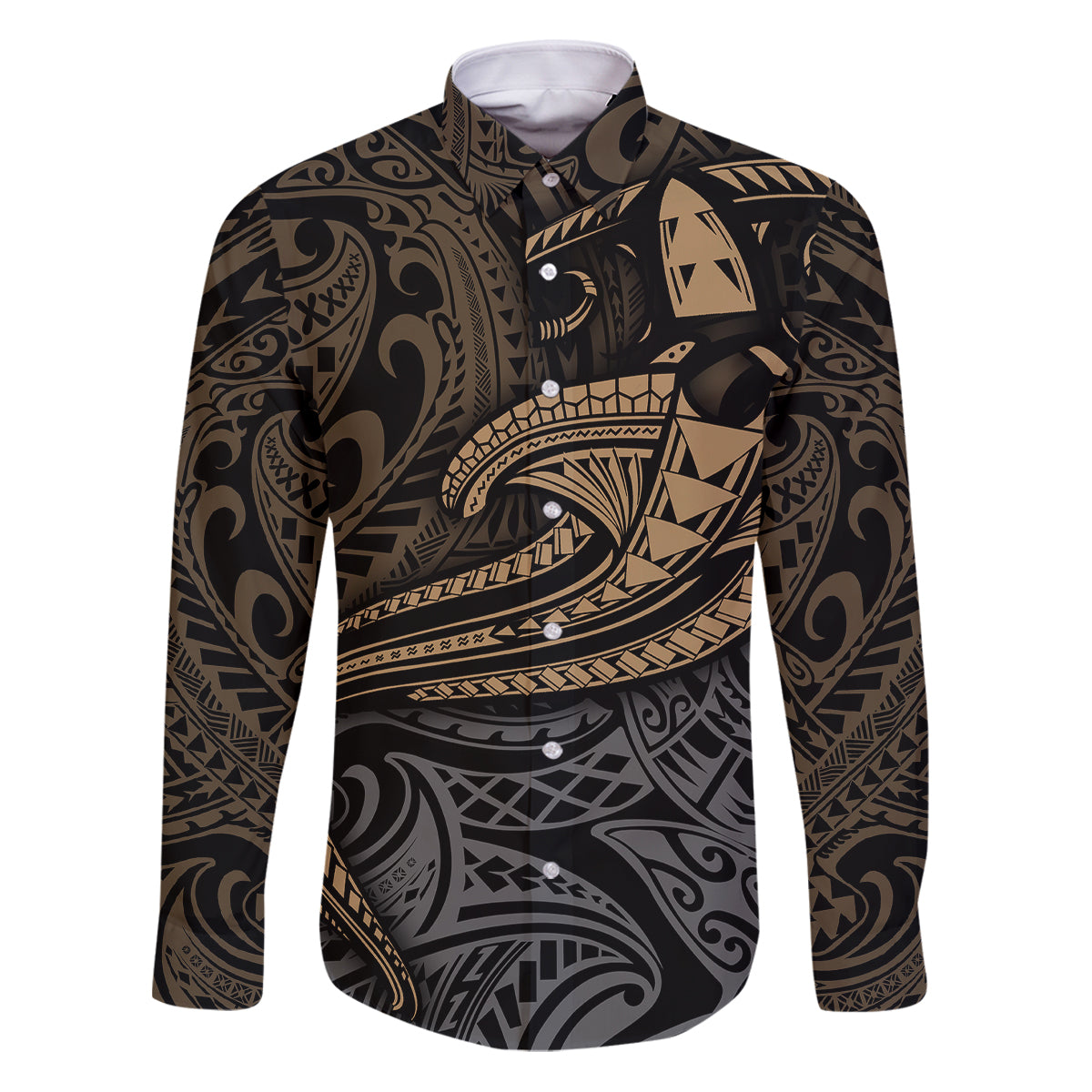 Polynesian Family Matching Puletasi Dress and Hawaiian Shirt Hammerhead Shark Tribal Pattern TS04 Dad's Shirt - Long Sleeve Black Yellow - Polynesian Pride