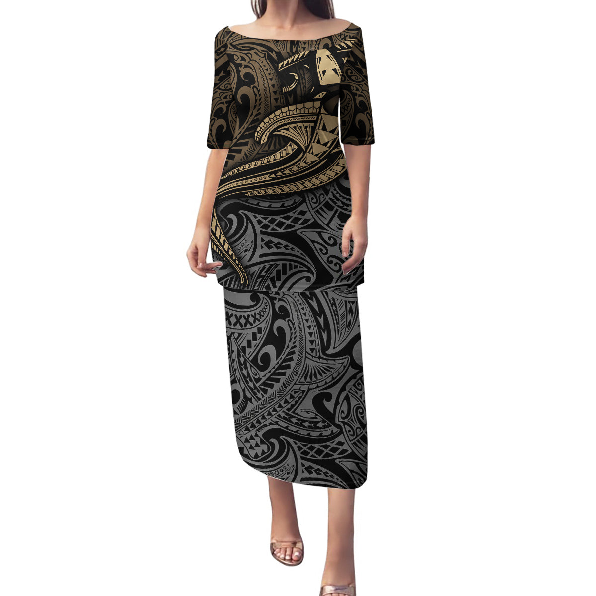 Polynesian Family Matching Puletasi Dress and Hawaiian Shirt Hammerhead Shark Tribal Pattern TS04 Mom's Dress Black Yellow - Polynesian Pride