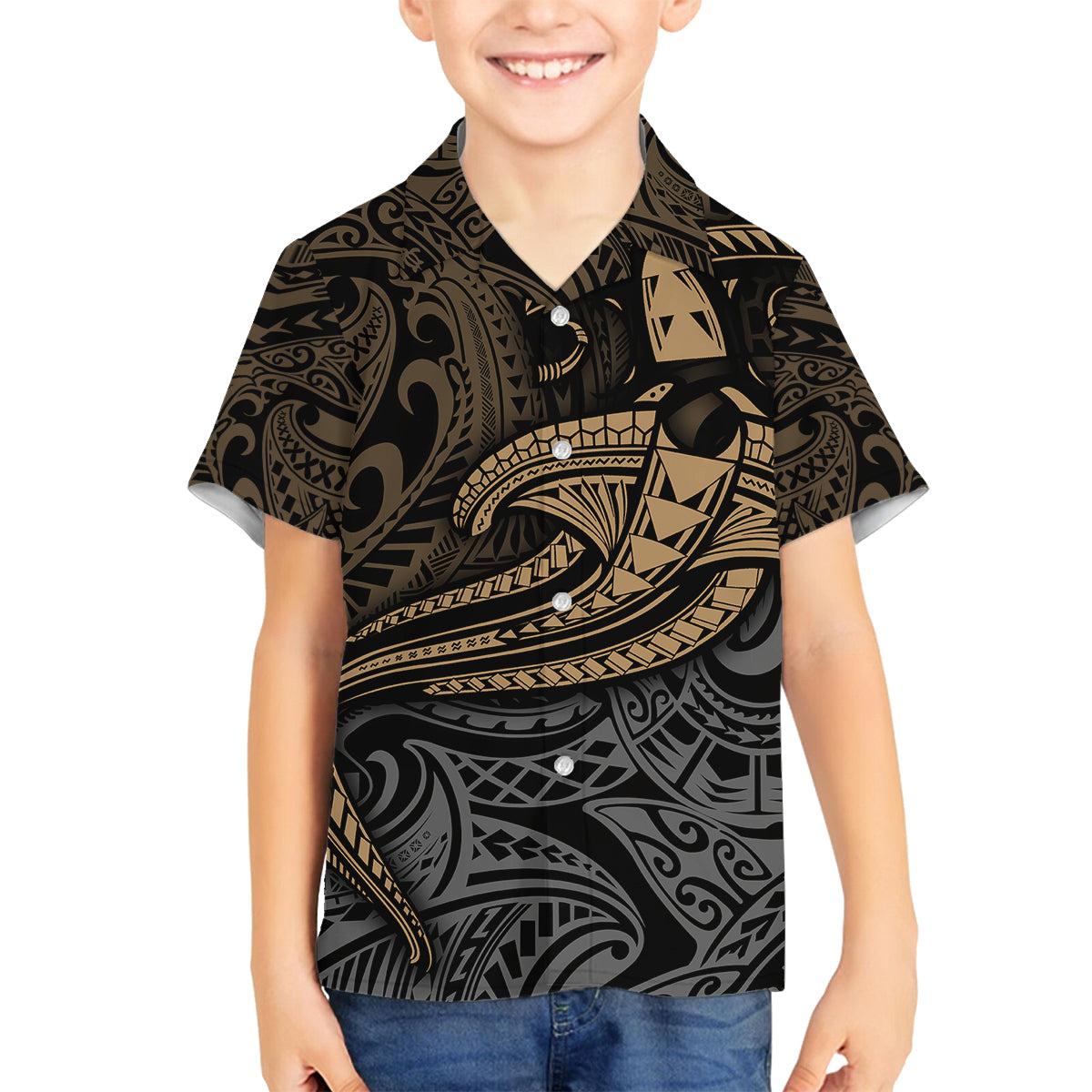 Polynesian Family Matching Puletasi Dress and Hawaiian Shirt Hammerhead Shark Tribal Pattern TS04 Son's Shirt Black Yellow - Polynesian Pride