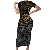 Polynesian Family Matching Short Sleeve Bodycon Dress and Hawaiian Shirt Hammerhead Shark Tribal Pattern TS04 Mom's Dress Black Yellow - Polynesian Pride