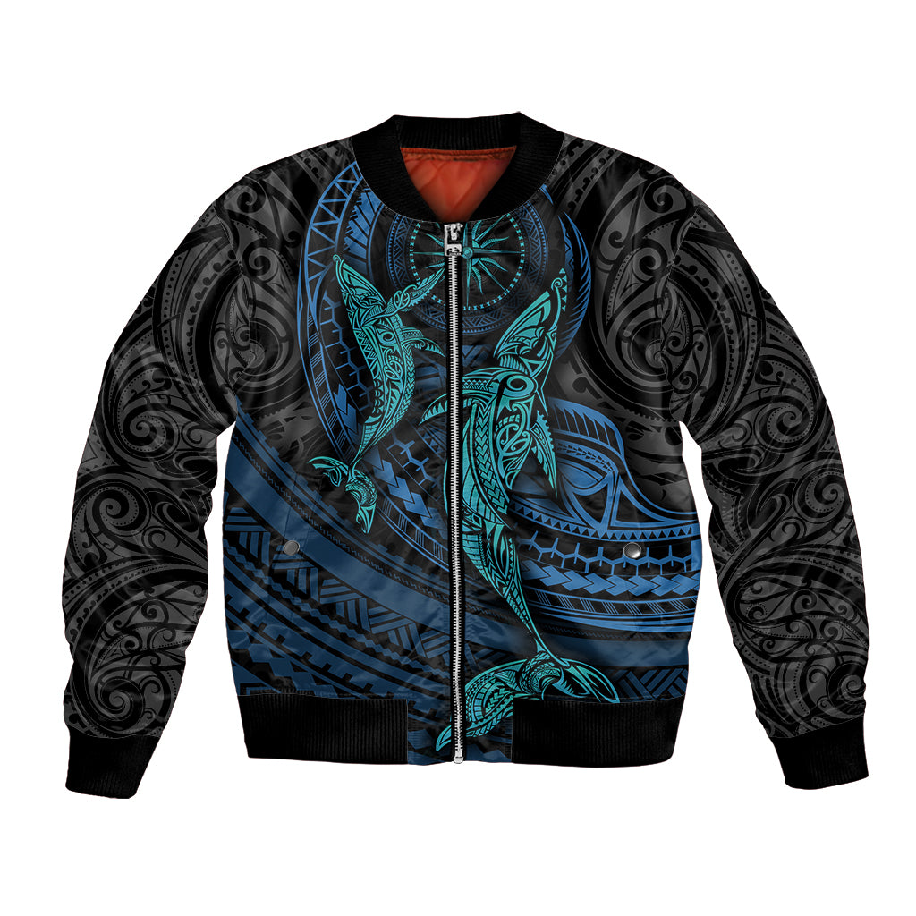 Polynesian Whale Bomber Jacket TS04 Unisex Black Cyan - Polynesian Pride
