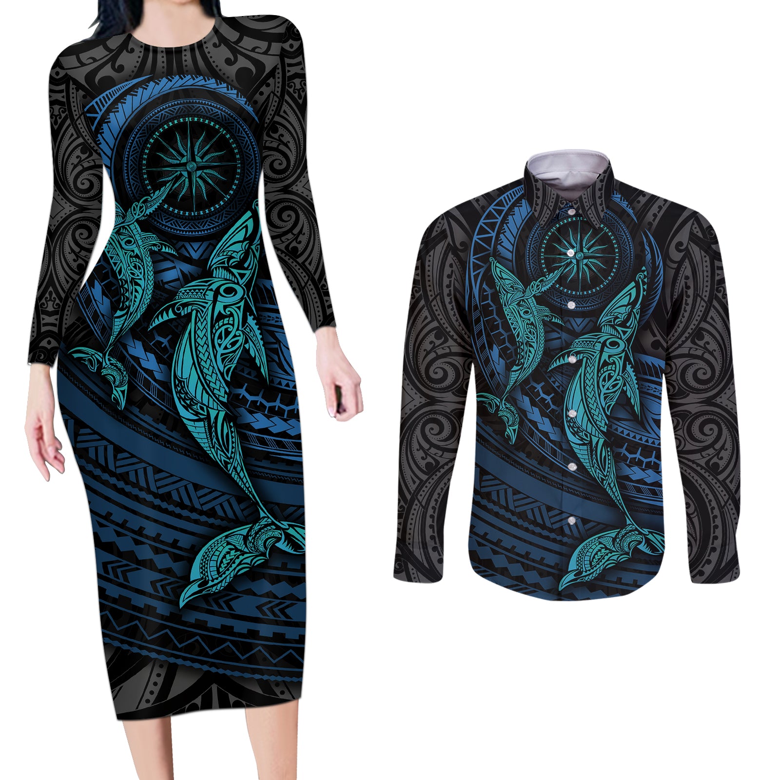 Polynesian Whale Couples Matching Long Sleeve Bodycon Dress and Long Sleeve Button Shirts TS04 Black/Cyan - Polynesian Pride