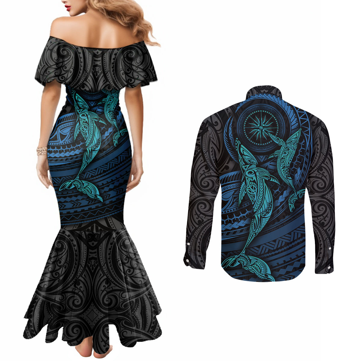 Polynesian Whale Couples Matching Mermaid Dress and Long Sleeve Button Shirts TS04 - Polynesian Pride