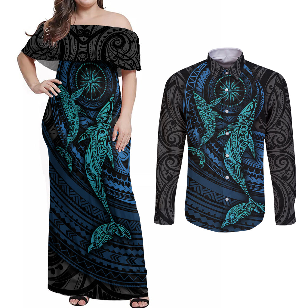 Polynesian Whale Couples Matching Off Shoulder Maxi Dress and Long Sleeve Button Shirts TS04 Black/Cyan - Polynesian Pride