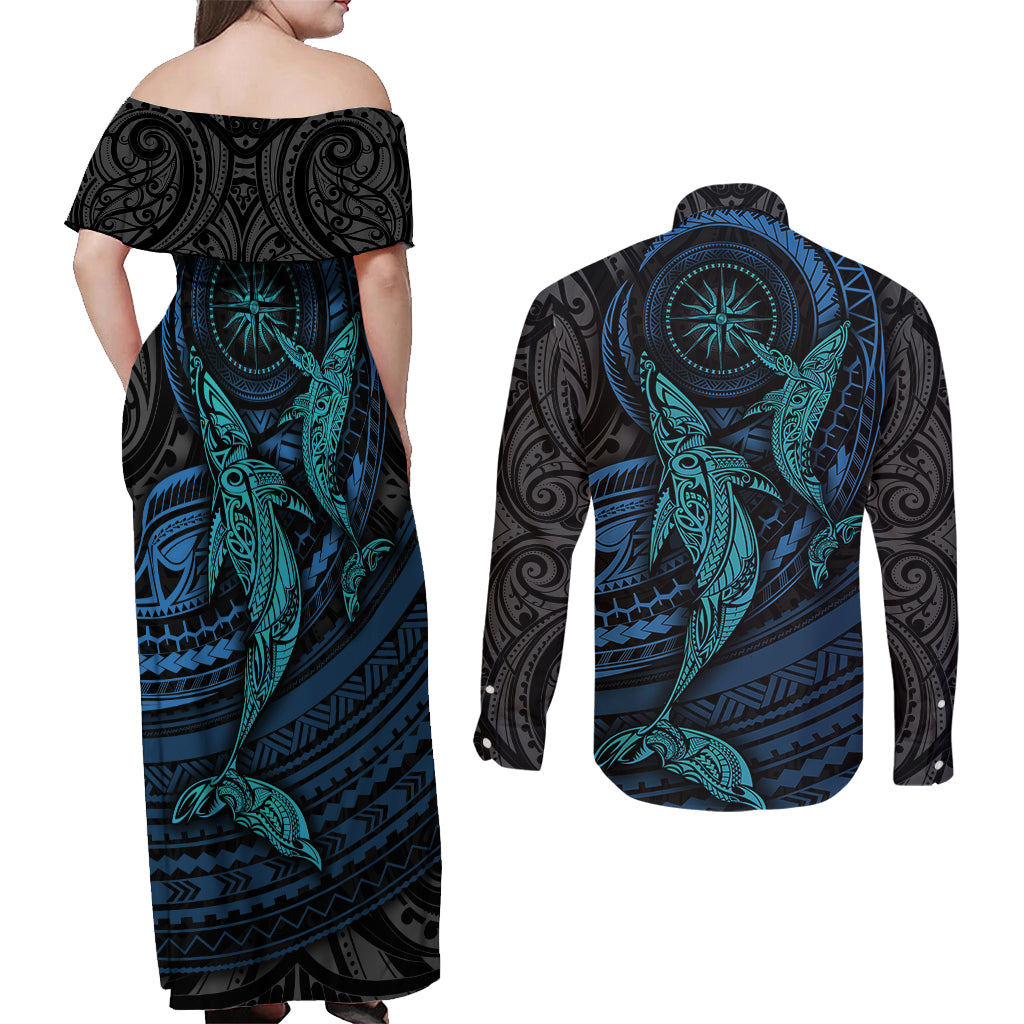 Polynesian Whale Couples Matching Off Shoulder Maxi Dress and Long Sleeve Button Shirts TS04 - Polynesian Pride