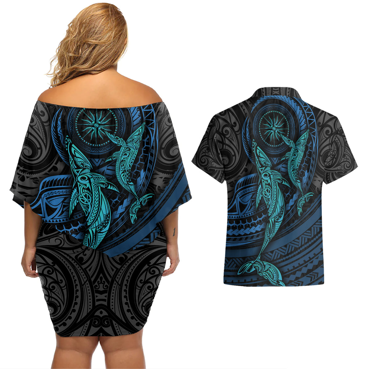 Polynesian Whale Couples Matching Off Shoulder Short Dress and Hawaiian Shirt TS04 - Polynesian Pride