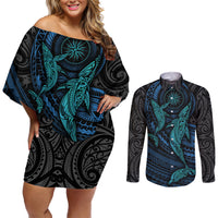 Polynesian Whale Couples Matching Off Shoulder Short Dress and Long Sleeve Button Shirts TS04 Black/Cyan - Polynesian Pride