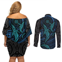 Polynesian Whale Couples Matching Off Shoulder Short Dress and Long Sleeve Button Shirts TS04 - Polynesian Pride
