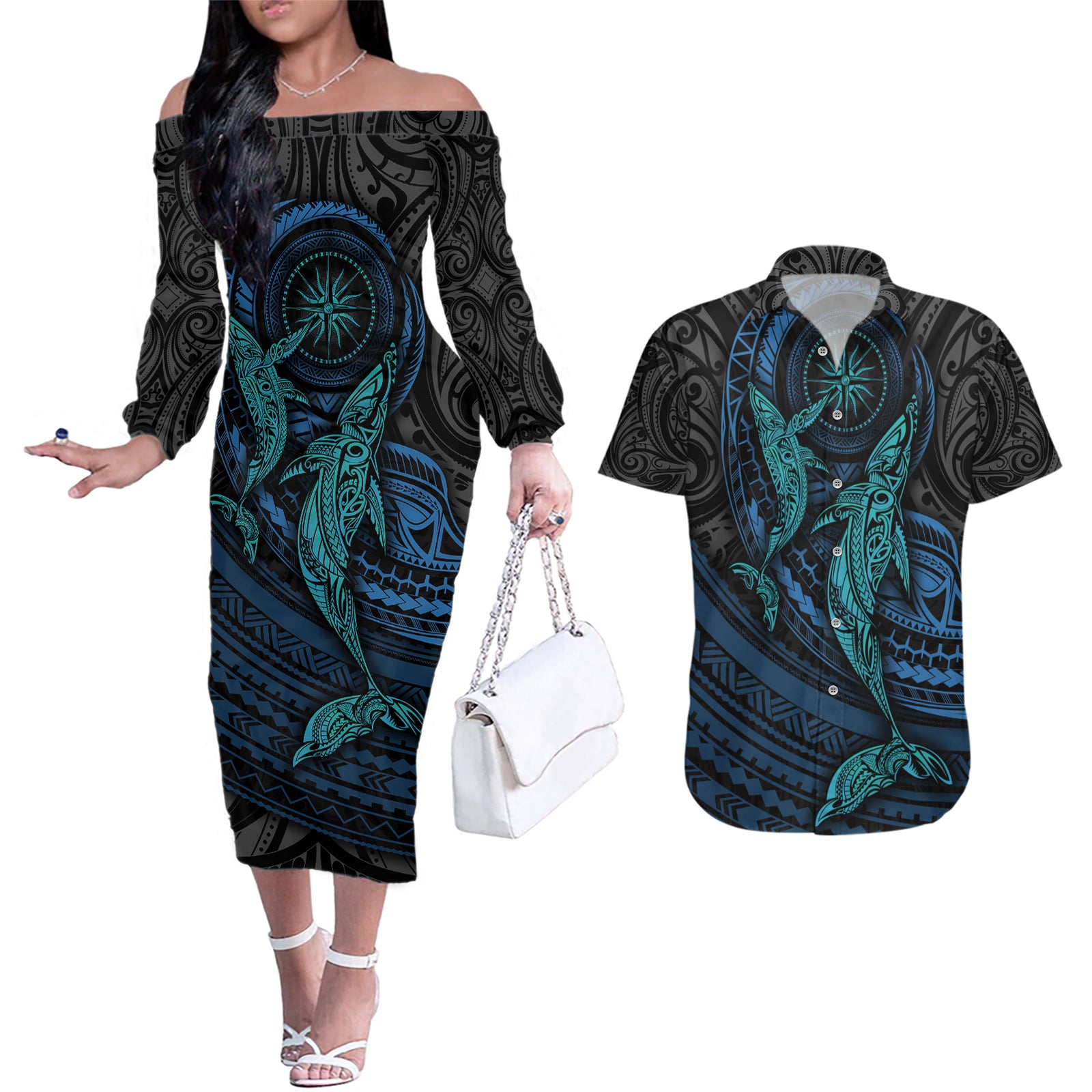 Polynesian Whale Couples Matching Off The Shoulder Long Sleeve Dress and Hawaiian Shirt TS04 Black/Cyan - Polynesian Pride
