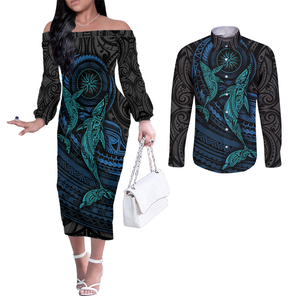 Polynesian Whale Couples Matching Off The Shoulder Long Sleeve Dress and Long Sleeve Button Shirts TS04 Black/Cyan - Polynesian Pride