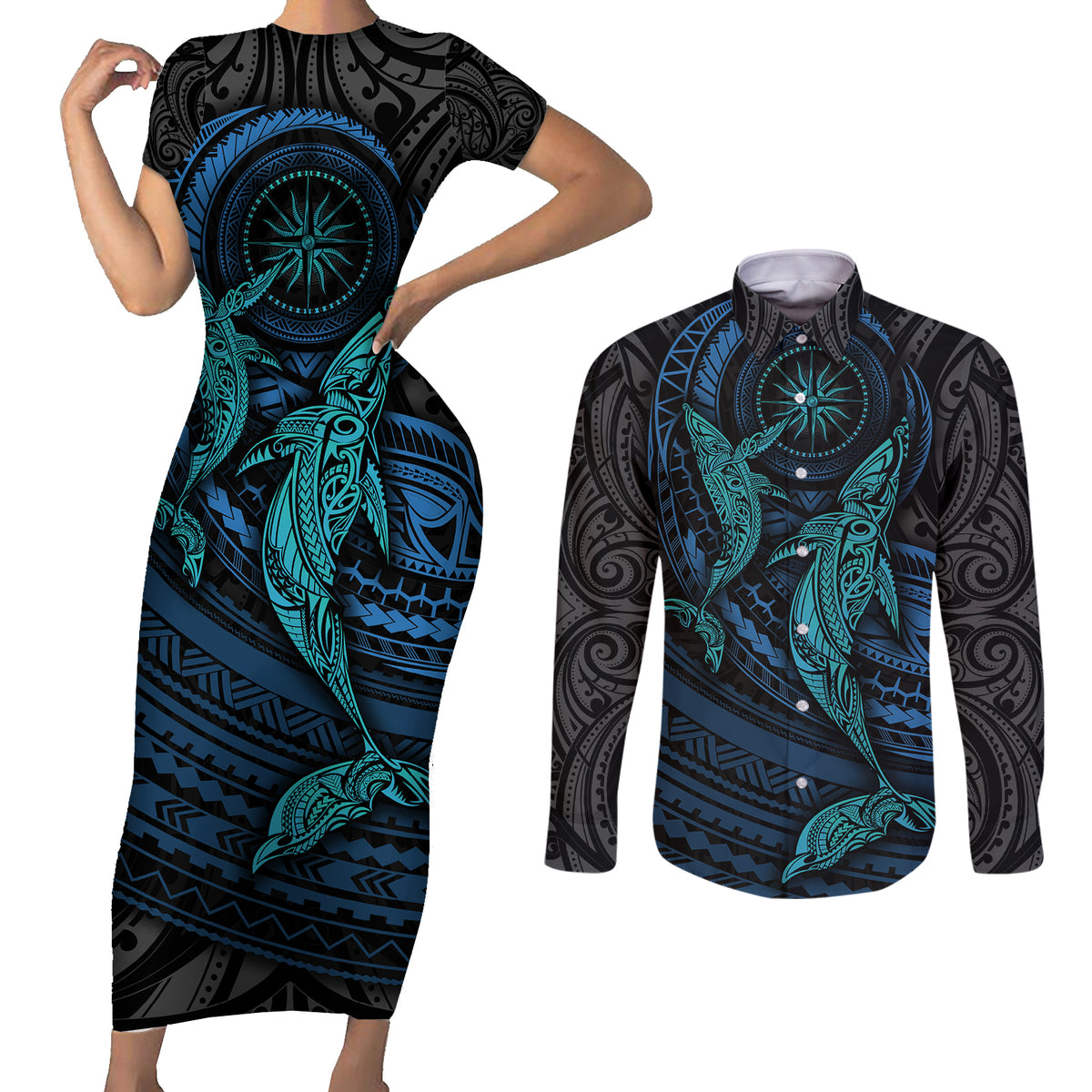 Polynesian Whale Couples Matching Short Sleeve Bodycon Dress and Long Sleeve Button Shirts TS04 Black/Cyan - Polynesian Pride