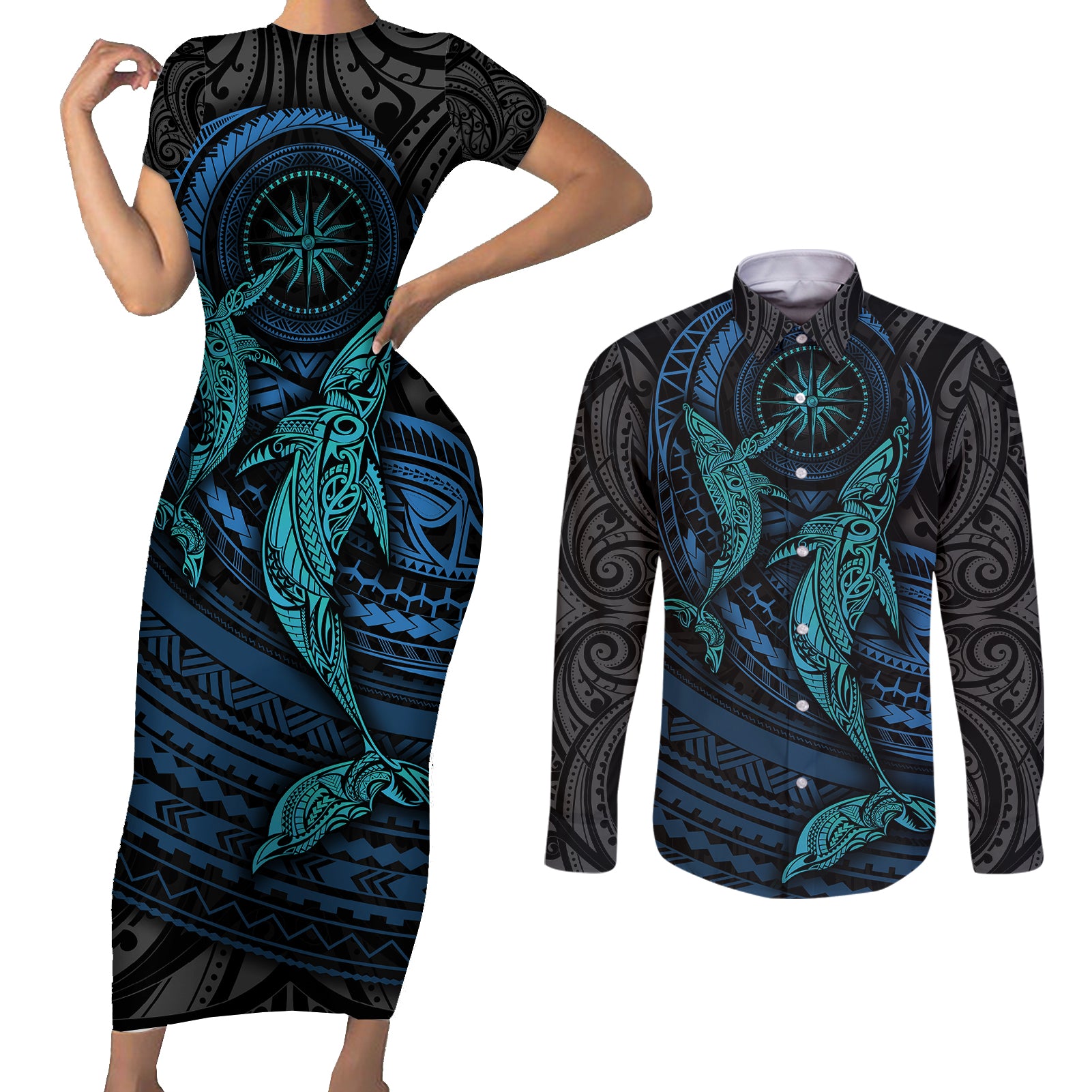 Polynesian Whale Couples Matching Short Sleeve Bodycon Dress and Long Sleeve Button Shirts TS04 Black/Cyan - Polynesian Pride
