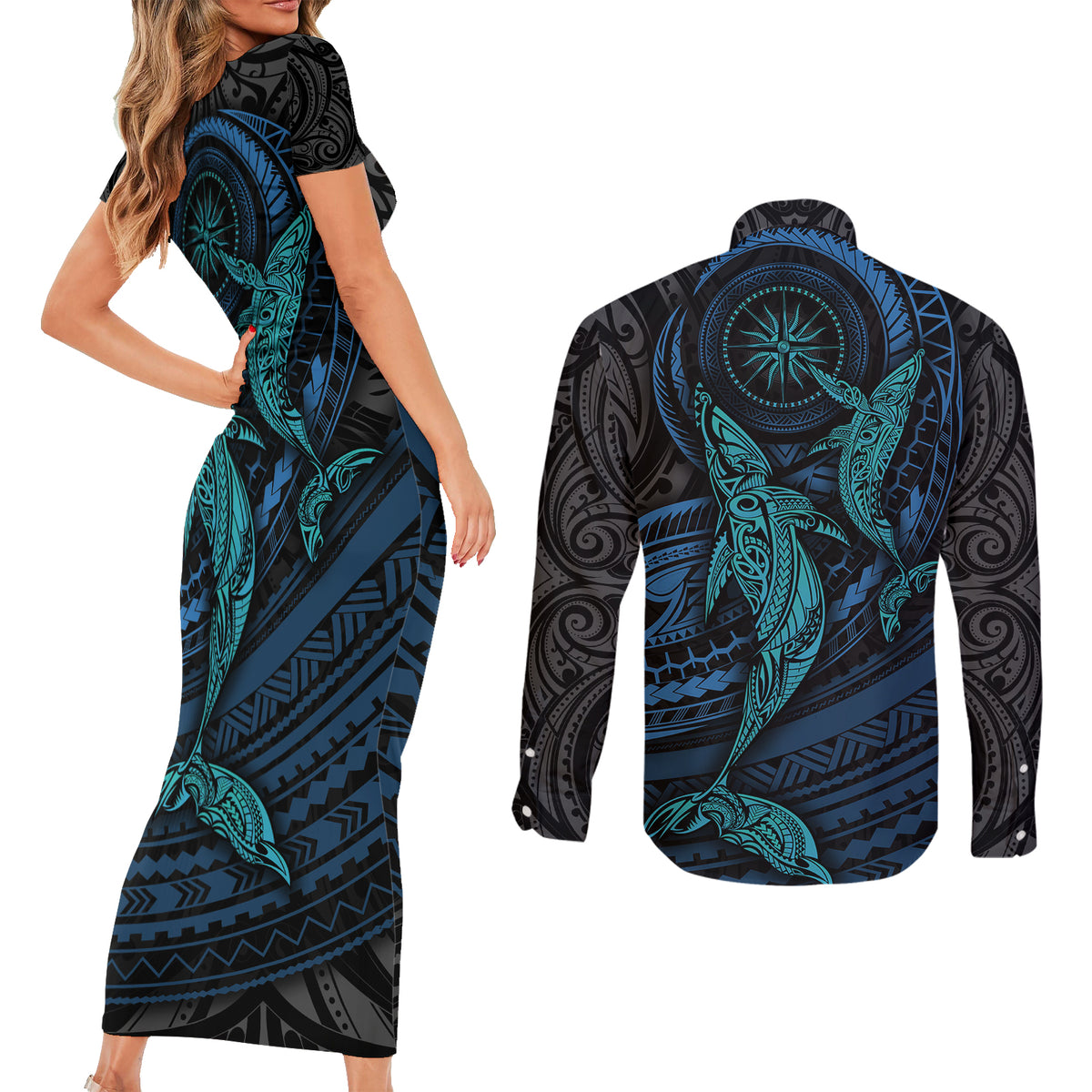 Polynesian Whale Couples Matching Short Sleeve Bodycon Dress and Long Sleeve Button Shirts TS04 - Polynesian Pride