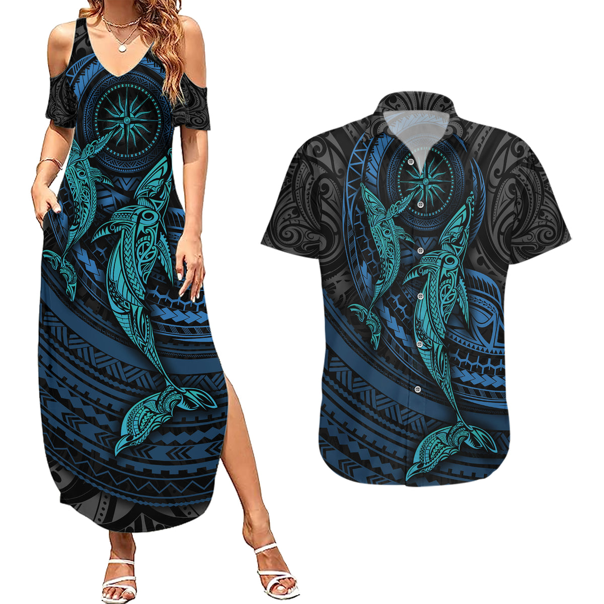 Polynesian Whale Couples Matching Summer Maxi Dress and Hawaiian Shirt TS04 Black/Cyan - Polynesian Pride