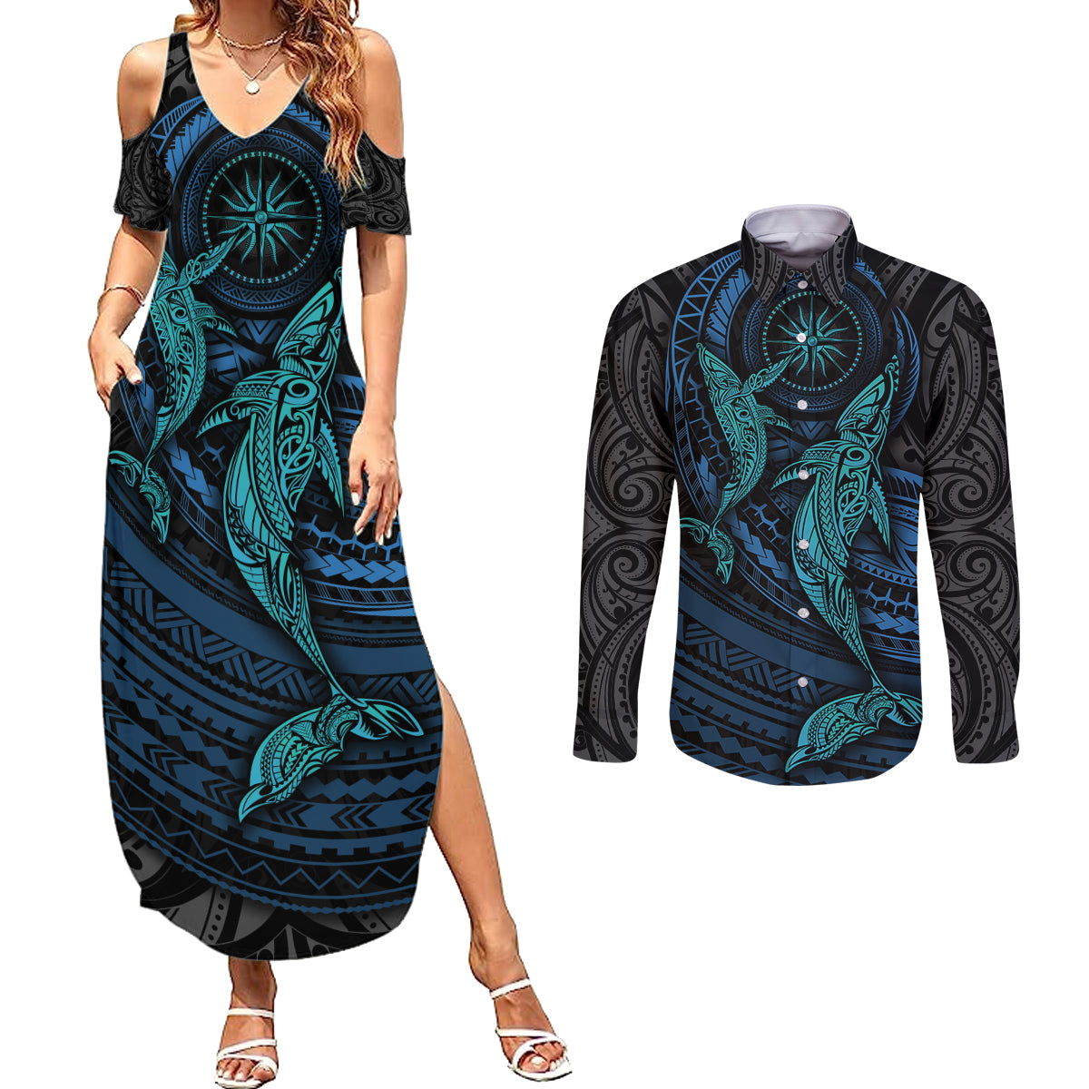 Polynesian Whale Couples Matching Summer Maxi Dress and Long Sleeve Button Shirts TS04 Black/Cyan - Polynesian Pride