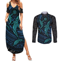 Polynesian Whale Couples Matching Summer Maxi Dress and Long Sleeve Button Shirts TS04 Black/Cyan - Polynesian Pride
