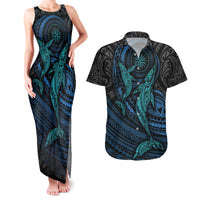 Polynesian Whale Couples Matching Tank Maxi Dress and Hawaiian Shirt TS04 Black/Cyan - Polynesian Pride