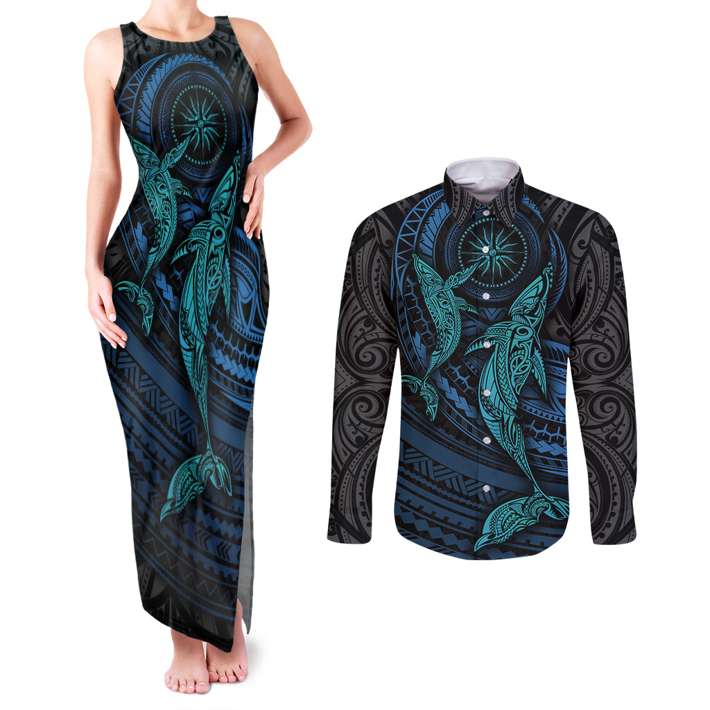Polynesian Whale Couples Matching Tank Maxi Dress and Long Sleeve Button Shirts TS04 Black/Cyan - Polynesian Pride