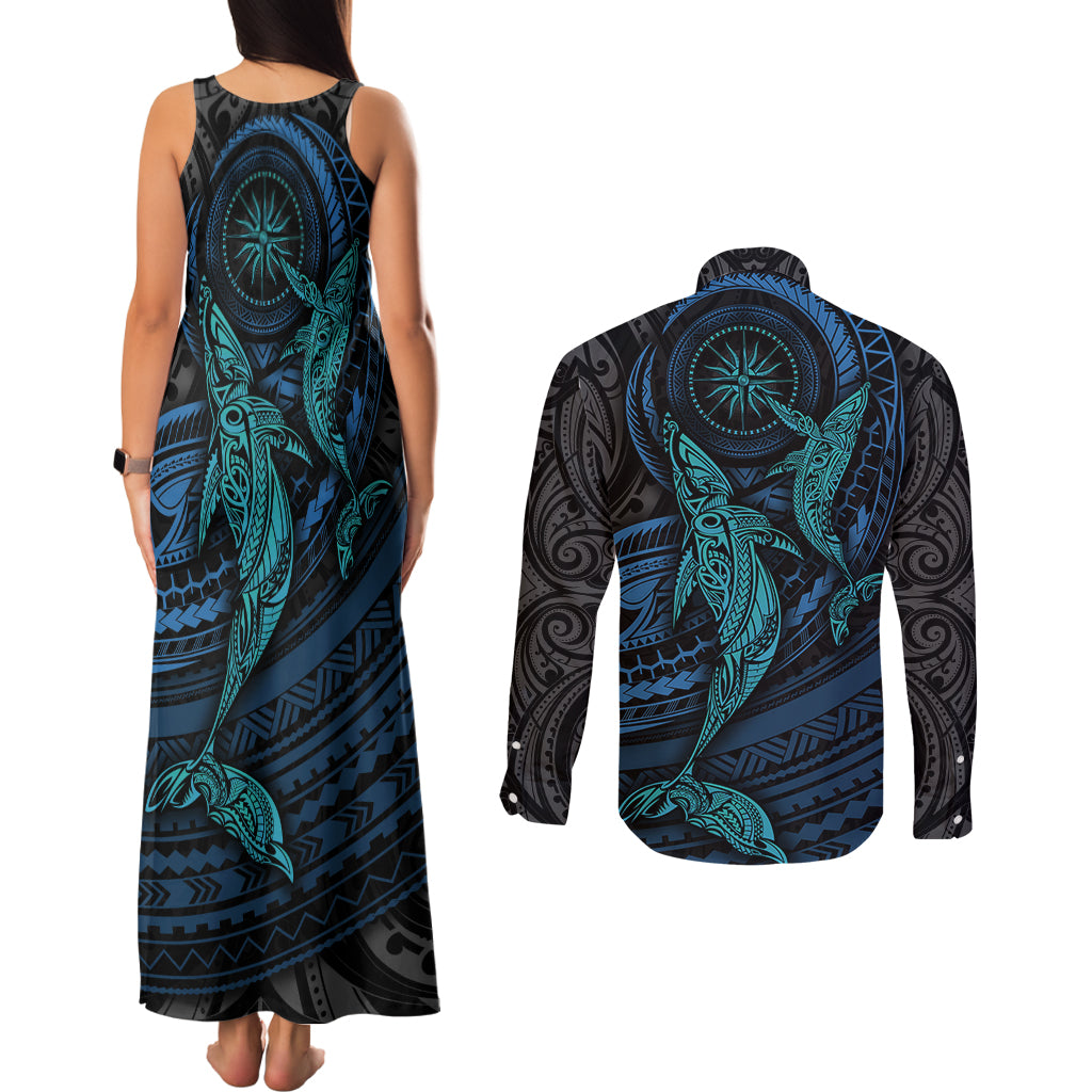 Polynesian Whale Couples Matching Tank Maxi Dress and Long Sleeve Button Shirts TS04 - Polynesian Pride