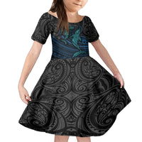 Polynesian Whale Family Matching Long Sleeve Bodycon Dress and Hawaiian Shirt TS04 Daughter's Dress Black Cyan - Polynesian Pride