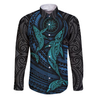 Polynesian Whale Family Matching Long Sleeve Bodycon Dress and Hawaiian Shirt TS04 Dad's Shirt - Long Sleeve Black Cyan - Polynesian Pride
