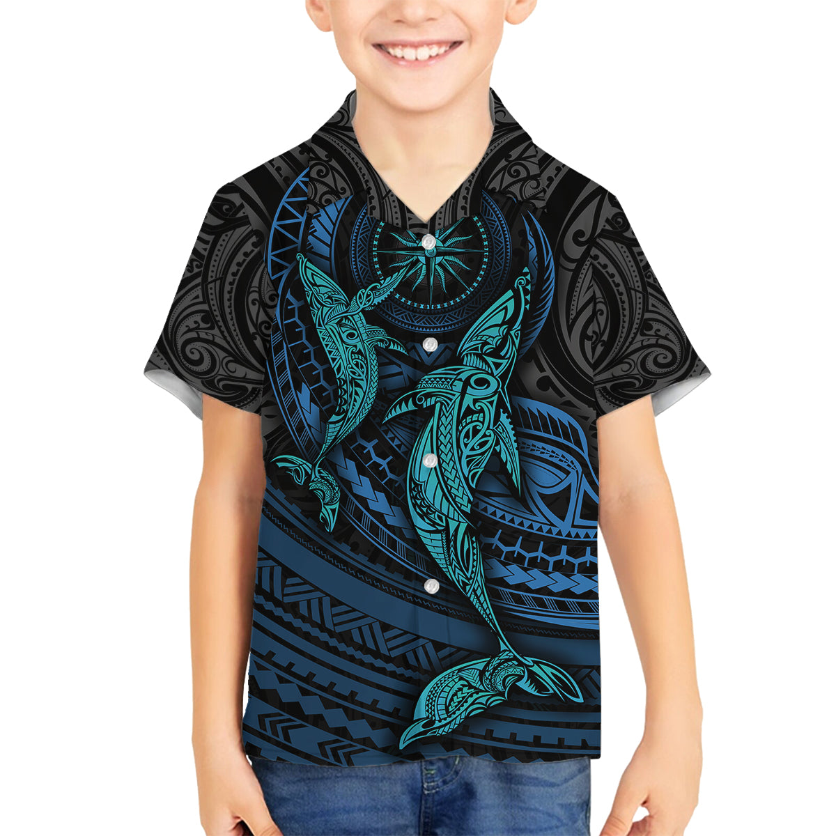 Polynesian Whale Family Matching Long Sleeve Bodycon Dress and Hawaiian Shirt TS04 Son's Shirt Black Cyan - Polynesian Pride
